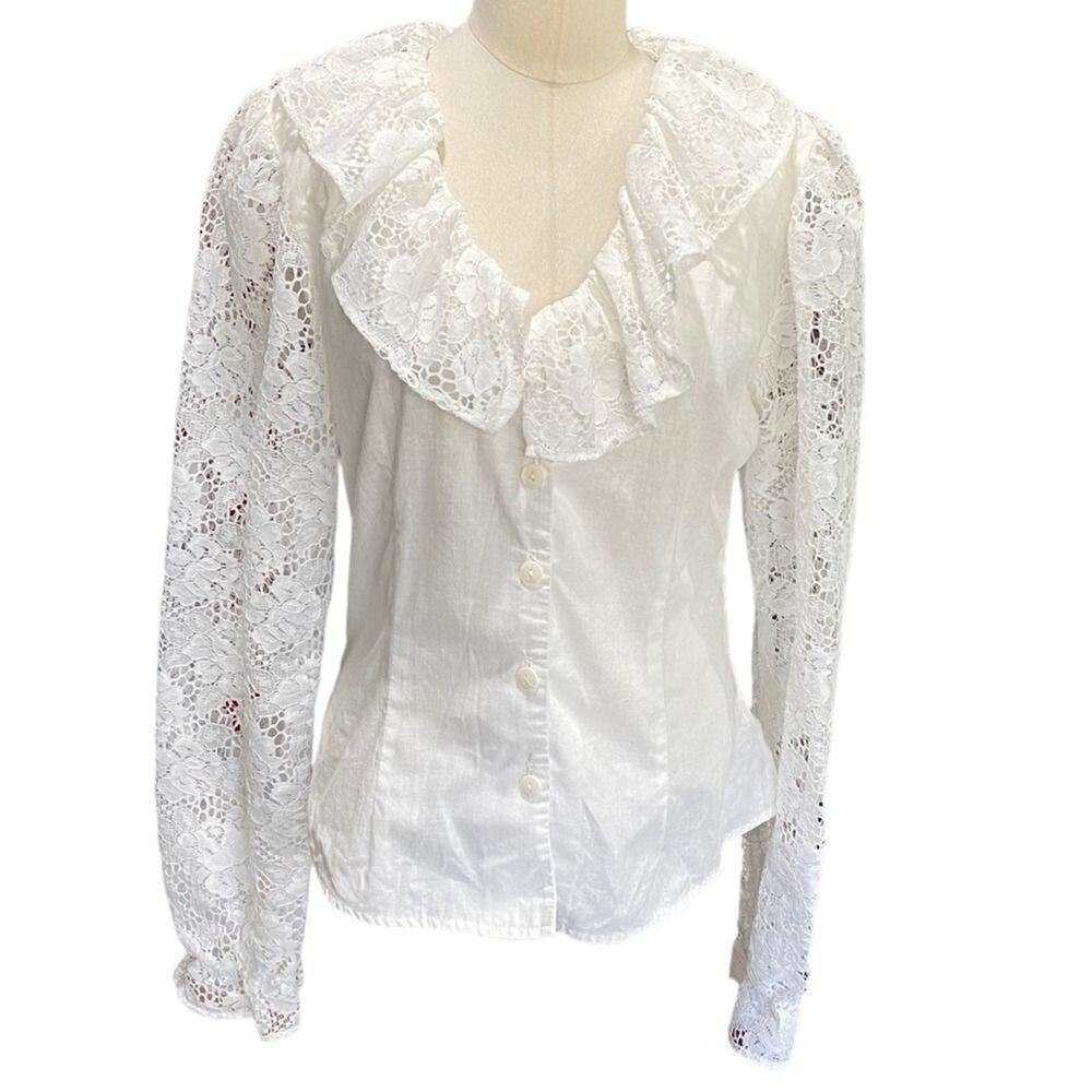 My Michelle White Lace Button-Down Blouse with Ruffle Collar